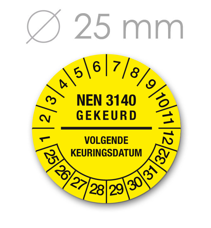 Keuringssticker 25 mm geel